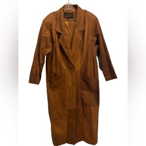 Vintage 80s Boho Oversized Distressed Brown Leather Suede Trench Coat Jacket M